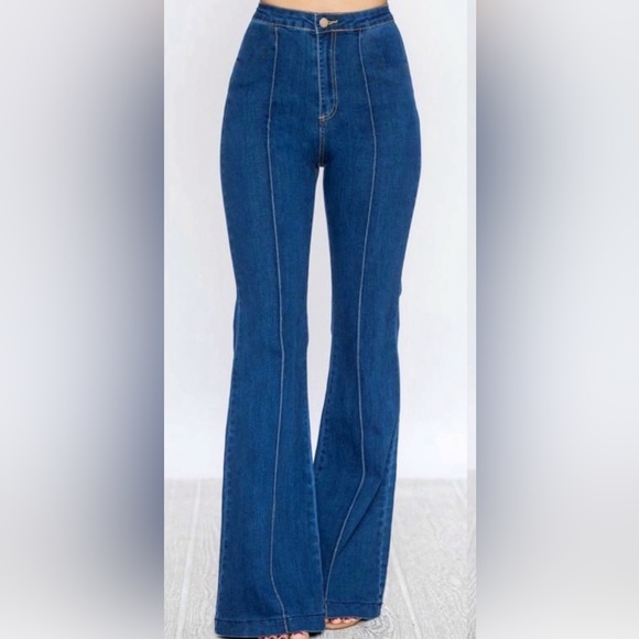 Flying Tomato Denim - Flying Tomato High Waisted Front Seam Dark Wash Super Flare Jeans Size Small